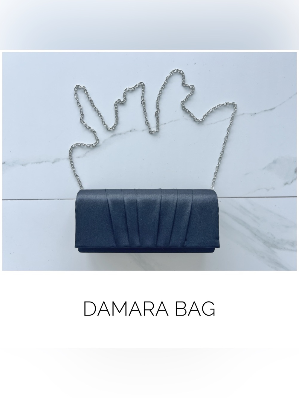 Damara bag black satin clutch evening silver chain crossbody